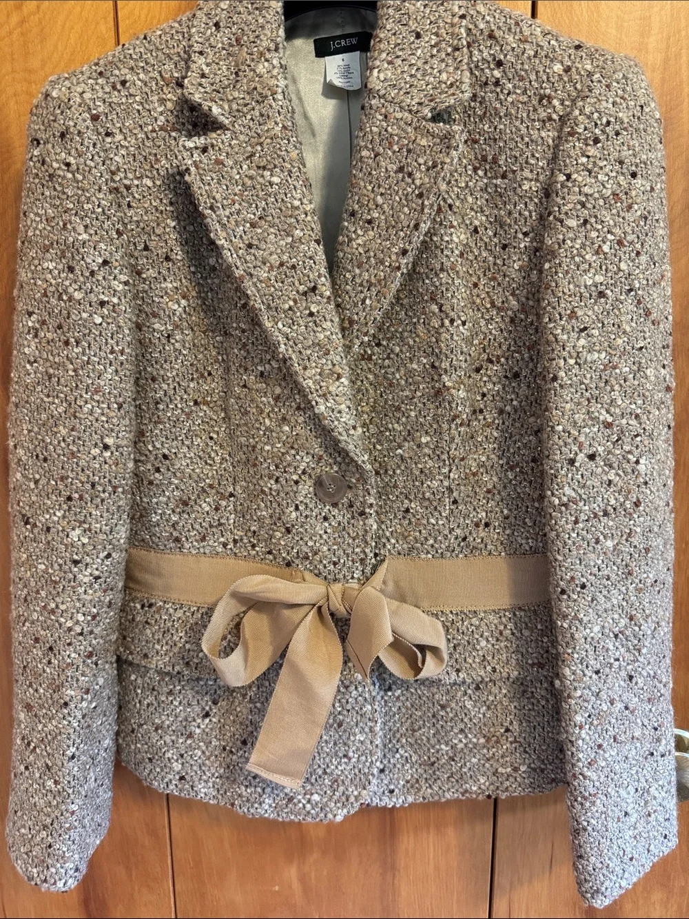J. Crew Neutral Speckled Tweed Belted Blazer